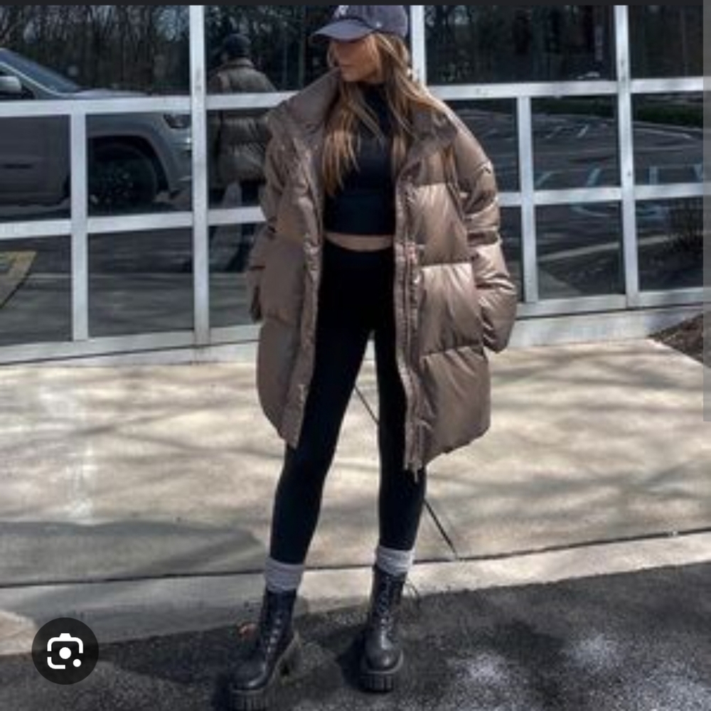$130 Long Puffer Coat Jacket M Taupe Dusty Purple